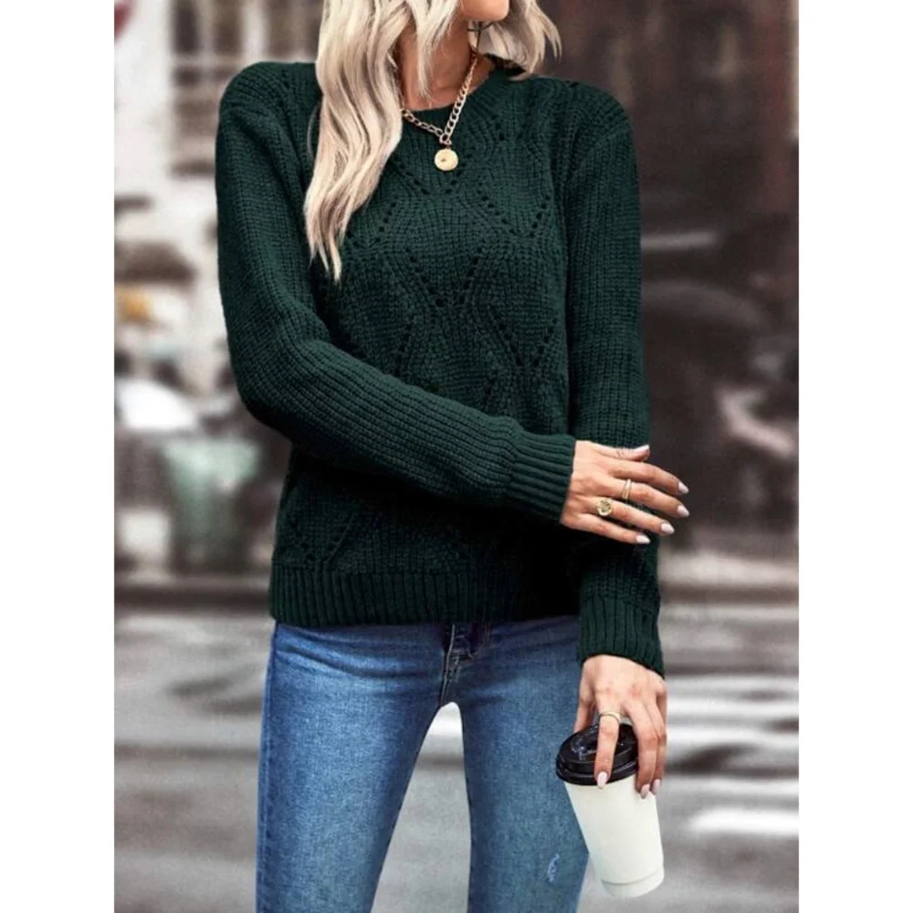 SOLD OUT Dark Green Chenille Pointelle Knit Soft Pullover Long Sleeve Winter - Picture 2 of 3